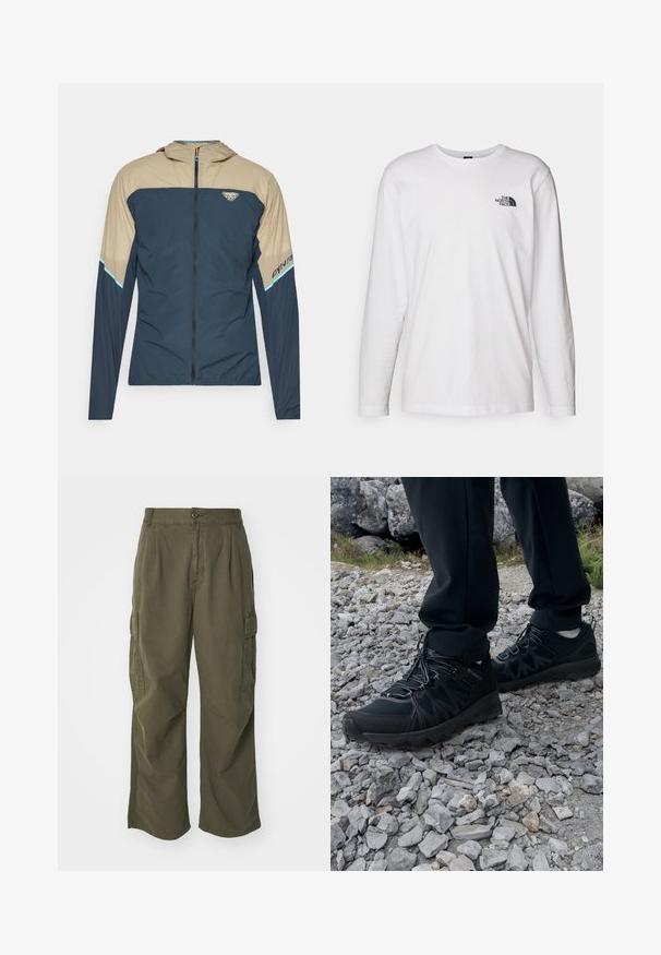 Letvægtsjakke i marineblå og beige, med lynlås foran, hætte og logodetalje. Glat tekstur med farveblokering.; Hvid langærmet T-shirt lavet af bomuld med rund hals. Har et lille sort logo på brystet. Glat tekstur, almindelig pasform.; Cargo bukser i olivengrøn, lavet af bomuld, med et bredt ben design, læg og sidelommer til praktisk anvendelse.; Sorte udendørssko med mesh og syntetisk materiale, med en tekstureret overdel, sikre snørebånd og en robust ydersål, på klippelandskab.