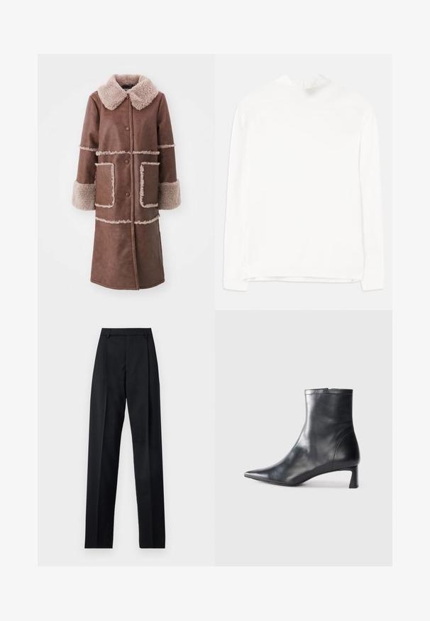 Baum und Pferdgarten DAFNE - Klasikinis paltas - washed java; Baltas ilgų rankovių viršus su aukštu kaklu, raižyta tekstūra ir tiesiu siluetu. Audinys atrodo švelnus ir lygus, be matomų raštų.; Juodos kelnės iš lygaus audinio, pasižyminčios aukštu liemeniu, plačiomis kojomis, priekinėmis klostėmis ir klasikiais diržo kilpomis. Šoninių kišenių nematyti.; Juodas odinis kulkšninis batas su smailiu pirštu ir elegantišku dizainu. Turi žemą kulną ir užtrauktuką gale. Lygi tekstūra.