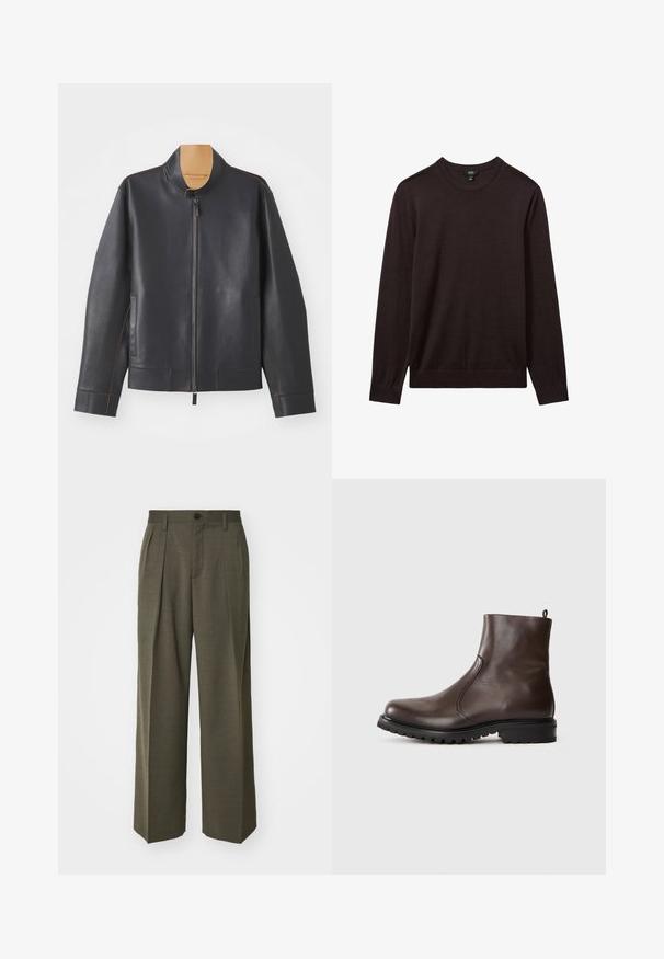 Juoda odinė striukė su stovinčiu apykakliniu, užtrauktuku ir kontrastinėmis rudos siūlėmis. Yra dvi šoninės kišenės ir stilingas dizainas.; Reiss Džemperis - dark bordeaux; Filippa K WIDE TROUSERS - Kelnės - driftwood; Rudos odinės aulinukai iki kulkšnies su lygiu paviršiumi, elastingomis šoninėmis dalimis, užtrauktuku gale ir sunkiu guminėm padu.