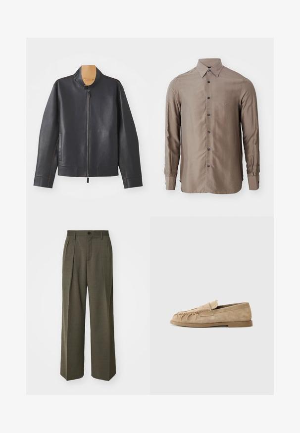 Juoda odinė striukė su stovinčiu apykakliniu, užtrauktuku ir kontrastinėmis rudos siūlėmis. Yra dvi šoninės kišenės ir stilingas dizainas.; Ilgų rankovių marškiniai taupe spalvos, pagaminti iš lygaus audinio, su mygtukų užsegimu priekyje ir tamsiais mygtukais, su maža logotipo etikete ant krūtinės.; Filippa K WIDE TROUSERS - Kelnės - driftwood; Bežiniai suede slip-on loaferi su surinkta dizainu, turintys plokščią padas ir dekoratyvinę juostelę per vampą. Lygi tekstūra.