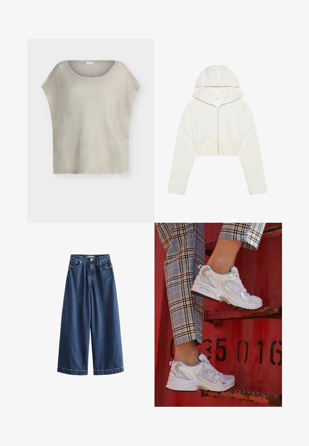 Světlě šedý, volně střižený pletený top s kulatým výstřihem a krátkými rukávy. Texturovaná látka s jemným leskem a třásněmi na lemu.; Bílá zkrácená zipová mikina s kapucí, měkká látka, dlouhé rukávy a ševový detail vpředu. Hladký povrch a kovový zip.; Bílý krátký rukáv tričko vyrobené z bavlny s kulatým výstřihem a volným střih. Hladká textura a žádné viditelné vzory nebo ozdoby.; Široké džíny tmavě modré barvy. Vyrobeny z pevného bavlněného materiálu, mají vysoký pas, přední kapsy a rovné, zkrácené nohavice s viditelným švem.; Bílé síťované tenisky se stříbrnými akcenty a texturovanou podrážkou, umístěné na červeném povrchu, zkombinované s kostkovanými kalhotami.