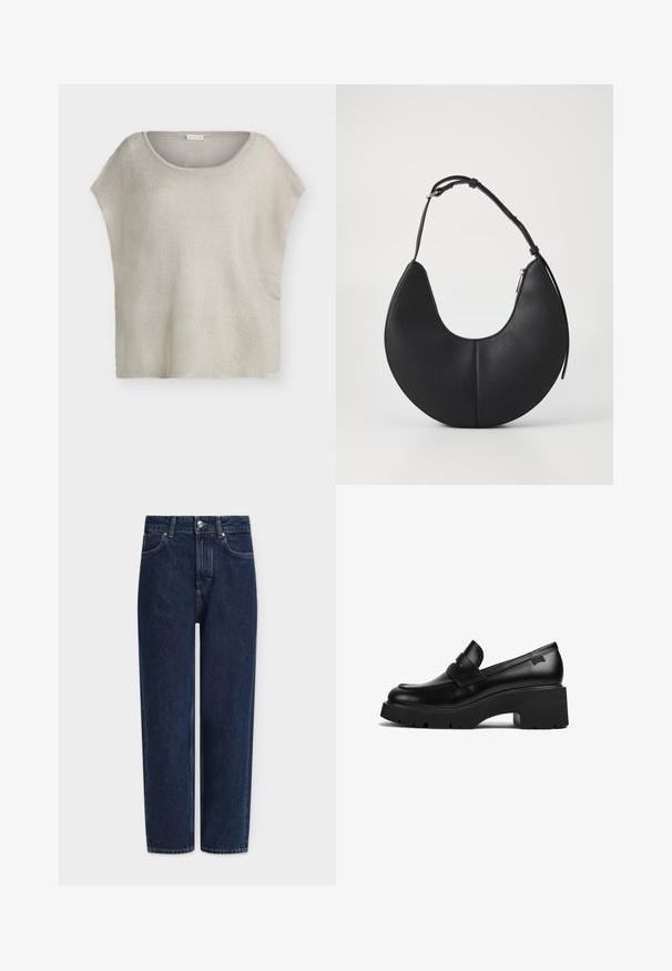 Svijetlosiva, široko krojena pletiva s okruglim izrezom i kratkim rukavima. Teksturirani materijal suptilno sjaji, s detaljima resica na rubu.; Bijela majica kratkih rukava s okruglim izrezom, opuštenog kroja, izrađena od mekanog pamučnog materijala. Glatka tekstura, bez uzoraka ili logotipa.; Tamnoplave traperice ravnih nogavica s visokim strukom, srebrnim kopčama, prednjim džepovima i suptilnim detaljima šavova. Klasični dizajn s pet džepova.; Crna kožna loaferica s debelim potplatom i chunky petom, s trakom preko gornjeg dijela, prikazana sa strane na bijeloj pozadini.; Crna kožna torba u obliku polumjeseca s glatkom teksturom, s jednim podešivim remenom i zatvaranjem na patentni zatvarač sa strane.; Zlatne nausnice s mješavinom geometričkih oblika: kvadrat, krug i povezani ovalni dizajni s poliranim završetkom.