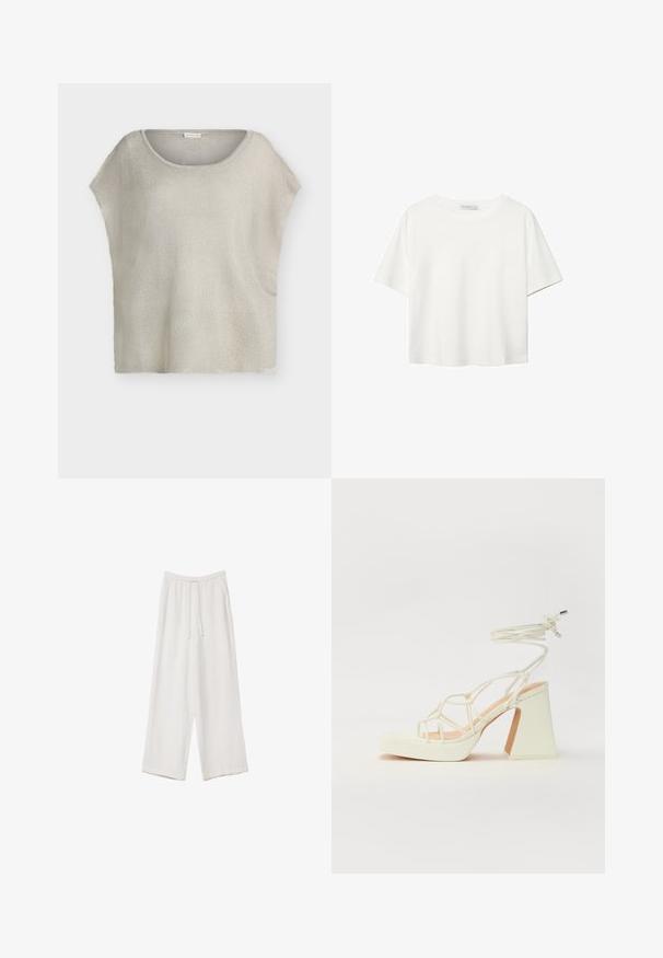 Svetlošedý voľný pletený top s okrúhlym výstrihom a krátkymi rukávmi. Textúrovaná látka so subtílnym leskom a detailmi strapcov na leme.; Biela krátkopsová tričko vyrobené z bavlny. Má okrúhly výstrih a voľný strih. Hladká textúra bez viditeľných vzorov alebo akcentov.; Biele široké nohavice vyrobené z ľahkej tkaniny. Obsahujú elastický pás so sťahovacou šnúrkou a bočné vrecká. Hladká textúra.; Biele sandále na vysokom opätku s hrubým podpätkom, s pruhovaným dizajnom a viazaním na členku. Hladký povrch s platformou vpredu pre zvýšenú výšku.