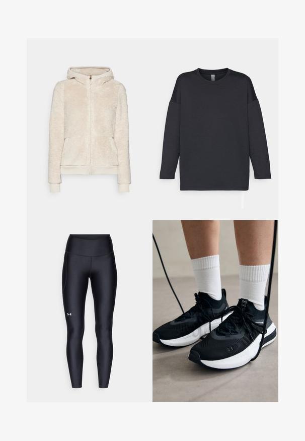 Sudadera con cremallera de forro polar en beige claro con tejido texturizado, bolsillos frontales y puños y dobladillo acanalados. Presenta una capucha y cierre de cremallera dorado.; Camiseta negra de manga larga hecha de una tela suave, con cuello redondo y corte relajado, con costuras de hombro caídas y sin estampados.; Leggings negros hechos de un material suave y elástico con una cintura alta. Presentan un logo blanco en el muslo izquierdo y un diseño ajustado.; Zapatillas deportivas negras con tela texturizada, suela blanca y cordones negros. Llevadas con calcetines blancos de canalé, de pie sobre una superficie clara.