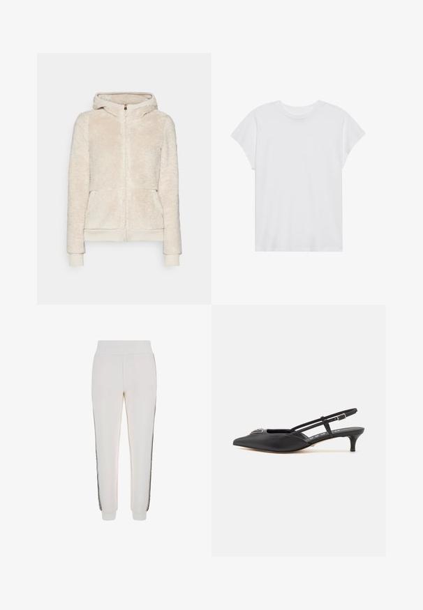 Gaiši bejā flīsa kapuce ar teksturētu audumu, priekšējiem kabatām un ribotām aprocēm un apakšmalu. Iespējota kapuce un zelta rāvējslēdzis.; Balta īsām piedurknēm T-kreklā ar apaļu kakla izgriezumu, brīvā griezumā, izgatavota no mīksta kokvilnas auduma. Gluda tekstūra, bez rakstiem vai logo.; Baltas sporta bikses, kas izgatavotas no mīksta auduma, ar ribotu jostasvietu un melnām sānu svītrām, ar logotipa detaļu priekšpusē.; Melnas slingback apavus ar smailu purngalu, izgatavoti no gludas materiāla, ar mazu papēdi un dekoratīvu sudraba akcentu uz priekšpuses.