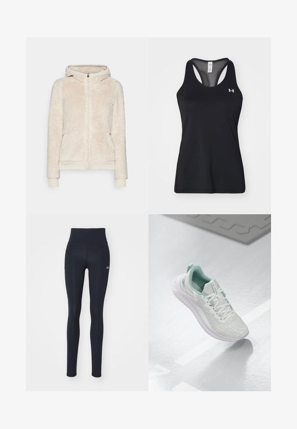 Sudadera con cremallera de forro polar en beige claro con tejido texturizado, bolsillos frontales y puños y dobladillo acanalados. Presenta una capucha y cierre de cremallera dorado.; Camiseta sin mangas negra de deporte con un tejido texturizado, diseño de espalda nadador y un sutil detalle de logo en el pecho. Material ligero y transpirable.; Leggings deportivos negros hechos de una tela elástica, con una cinturilla alta, bolsillos laterales y un pequeño logo en la parte baja de la pierna.; Zapatilla atlética gris claro con parte superior de punto texturizado, detalles en verde menta, cordones blancos, suela de goma y tira en el talón.