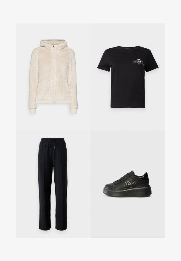 Fleece zip-up hette i lys beige med teksturert stoff, frontlommer, og ribbestrikkede mansjetter og hem. Har hette og gull glidelås.; Svart kortermet t-skjorte laget av bomull. Har et hvitt grafisk trykk med teksten "KARL" og en stilisert figur på brystet. Rund hals.; Svarte joggebukser med avslappet passform, elastisk midje, justerbar snøring og vertikale sømmer langs beina. Myk stofftekstur.; Sorte plattform sneakers med en glatt skinnoverdel, flate lisser og brodert "Karl"-logo på siden. Rund tå og tykk såle.