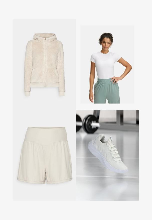 Fleece zip-up hoodie in light beige with textured fabric, front pockets, and ribbed cuffs and hem. Features a hood and gold zip closure.; White fitted t-shirt with short sleeves, paired with light green elastic waistband pants. Smooth texture, minimalist design, and no visible patterns.; Light beige shorts with a textured ribbed waistband, flowing design, and casual fit. Features stitched hems and side slits for flexibility.; White athletic sneaker with a textured mesh upper and lacing system, featuring a cushioned white sole and subtle ribbed accents.