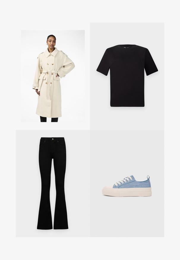 Beige trenchcoat gemaakt van een zachte, gestructureerde stof. Voorzien van een dubbelzijdige sluiting, een grote kraag, zijzakken en een strikceintuur.; Zwarte T-shirt met korte mouwen en een ronde hals, gemaakt van zachte katoenstof. Eenvoudig ontwerp, geen zichtbare logo's of patronen.; Zwarte hoge taille jeans met een knoop- en ritssluiting, voorzakken en een flared pijp, plat gelegd op een witte achtergrond.; Lichtblauwe canvas sneakers met een crème rubberen neuskap en zool, voorzien van witte veters en een trekstrip op de hiel.