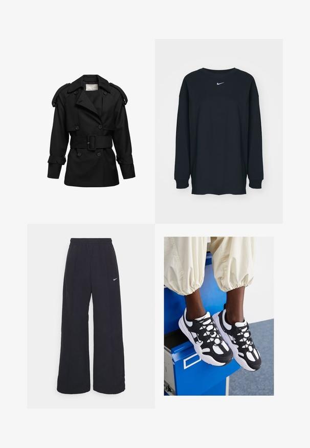 Czarny płaszcz trench z podwójnym zapięciem, dużymi klapami, naramiennikami i regulowanym paskiem. Wykonany z gładkiego materiału z guzikami jako akcentami.; Czarna, długosleeve'owa koszulka z bawełny z okrągłym dekoltem. Posiada białe logo Nike na piersi. Miękka faktura, prosty design.; Czarne spodnie typu wide-leg z elastycznym pasem i małym białym logo Nike. Materiał ma gładką teksturę, zaprojektowany z myślą o komforcie i codziennym noszeniu.; Czarno-białe buty sportowe z siateczki i zamszu, okrągłym czubkiem, masywną podeszwą oraz charakterystycznym sznurowaniem i akcentami logo Nike.