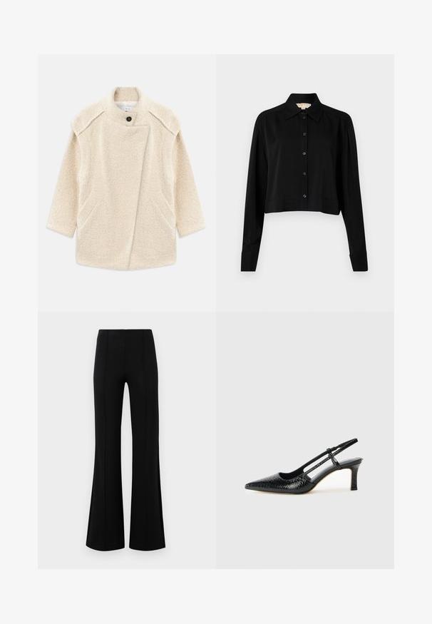 Krémový vlnený kabát s textúrovaným povrchom, so stojacím golierom, zapínaním na jeden gombík a bočnými vreckami. Rovný strih.; Čierna skrátená košeľa s dlhými rukávmi, špicatým golierom a zapínaním na gombíky. Vyrobená z hladkej látky s voľným strihom a manžetovými rukávmi.; Čierne rozšírené nohavice s vysokým pásom, vyrobené z elastického materiálu. Obsahujú vertikálne švy na prednej strane a hladkú textúru.; Čierne patentové slingback topánky na ihlovom podpätku s špicatou špičkou, s textúrovaným hadím vzorom, nastaviteľným popruhom a krátkym, textúrovaným blokovým podpätkom.