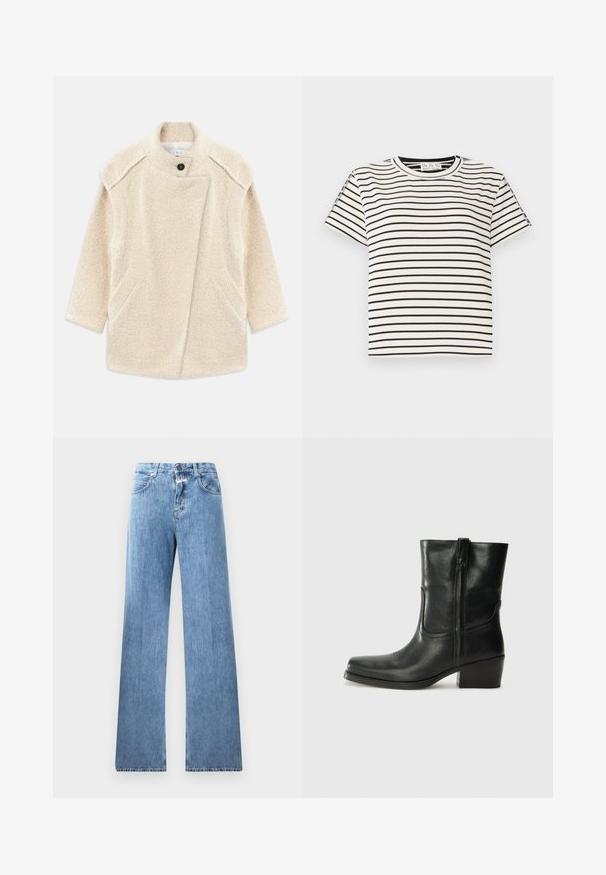 Palton din lână de culoare crem, cu un finisaj texturat, având guler înalt, închidere cu un singur buton și buzunare laterale. Design cu tăietură dreaptă.; Tricou din bumbac cu mânecă scurtă, cu guler rotund, având dungi verticale negre pe un fundal alb și un design cu croială dreaptă.; Jeans din denim albastru deschis cu un design cu picioare largi, cinci buzunare, bucle pentru curea și închidere cu nasture. Tesătura are o textură netedă.; Botine din piele neagră, cu vârf rotund, toc pătrat, fermoar pe lateral și accente de cusături pe partea superioară. Textură netedă, design clasic.