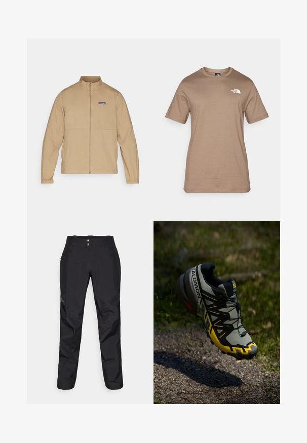 Bežna zip-up jakna z ovratnikom, dolgimi rokavi in elastičnimi manšetami; na levi strani prsnega koša ima logotip in gladko teksturo.; Majica s kratkimi rokavi iz svetlo rjavega bombaža z majhnim belim logotipom na prsih. Klasičen kroj s krožnim vratnim izrezom, gladka tekstura in standardna prileganje.; Črne vodoodbojne hlače z gladko teksturo, ki imajo dva sprednja gumba in zasnovo ožjih nog. Okrašene z logotipom na strani.; Salomon teka za trail tek v stisnjenem sivo odtenku z svetlo rumenimi detajli. Ima teksturirano podplat, varen sistem zavezovanja in oblazinjeno ovratnik.