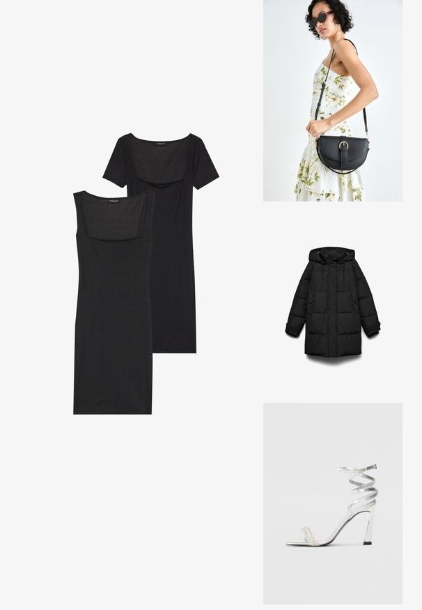 Black puffer coat with a hood, featuring quilted sections, a front zipper, two side pockets, and adjustable drawstrings.; Black bodycon dress with a square neckline, short sleeves, and ribbed texture. Two variations: light black and deeper black shades shown.; Silver high-heeled sandal with a shiny strap design, featuring a pearl-like accent and a spiraled ankle strap for secure fit.; Black leather handbag with a curved shape, detachable strap, and gold hardware. The bag features a flap with a buckle detail.