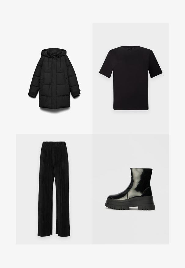 Černá péřová bunda s kapucí, s prošívanými částmi, předním zipem, dvěma bočními kapsami a nastavitelnými šňůrkami.; Černé tričko s krátkým rukávem a kulatým výstřihem, vyrobené z měkké bavlněné látky. Jednoduchý design, žádné viditelné logo nebo vzory.; Černé plisované kalhoty s elastickým pasem. Mají široké nohavice a hladkou, strukturovanou tkaninu s vertikálními pruhy.; Černá lesklá kotníková bota s robustní podrážkou a zaoblenou špičkou, boční pohled na jednolitém světle šedém pozadí.