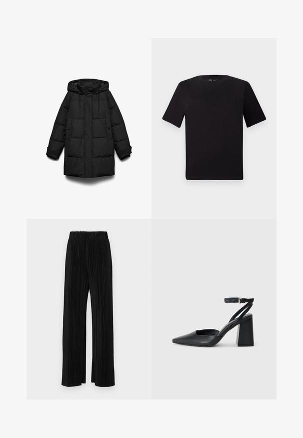 Giacca imbottita nera con cappuccio, caratterizzata da sezioni trapuntate, una cerniera frontale, due tasche laterali e coulisse regolabili.; T-shirt nera a maniche corte con scollatura rotonda, realizzata in morbido cotone. Design semplice, senza loghi o motivi visibili.; Pantaloni neri a plissé con vita elasticizzata. Presentano gamba ampia e un tessuto liscio e texture con strisce verticali.; Pump in pelle nera con punta affusolata, cinturino alla caviglia e tacco spesso. Texture piatta, design elegante ed estetica minimalista.