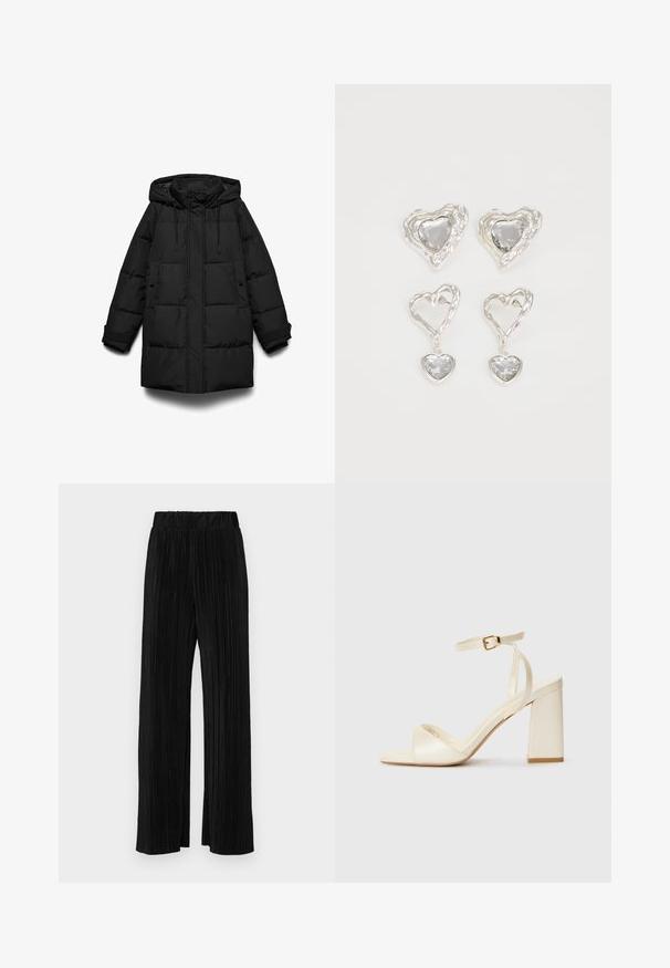Zwarte donzen jas met een capuchon, voorzien van doorgestikte secties, een ritssluiting aan de voorkant, twee zijzakken en verstelbare trekkoorden.; Zwart t-shirt met korte mouwen en een relaxte pasvorm, voorzien van een gladde textuur en een ronde hals. Lichtgewicht stof met een subtiele glans.; Zwarte geplooide broek met een elastische tailleband. Beschikt over wijde pijpen en een glad, gestructureerd stof met verticale strepen.; Crème-kleurige sleehak sandalen met een open teen, dikke blokhak, dunne enkelband en een subtiele glansafwerking. Gespaccent op de band.; Zilveren hartvormige oorbellen hebben facetteerbare heldere stenen en een textuurframe. De set bevat stud- en hangende stijlen.