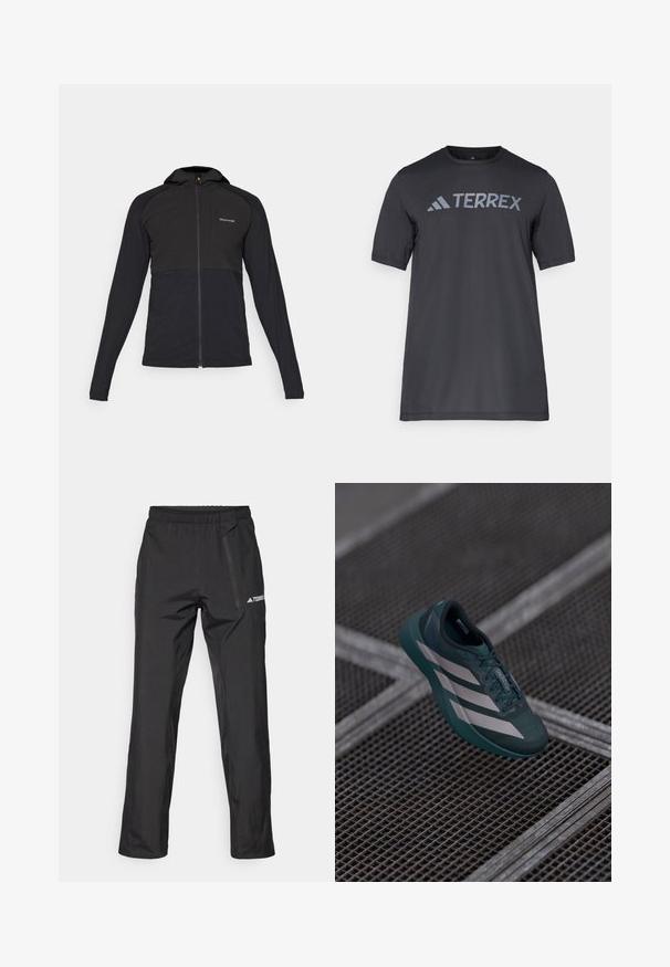 Musta vetskari takki hupulla, jossa on sileä pinta, kontrastiväri yläpaneelissa ja minimaalinen brändäys vasemmassa yläkulmassa.; Musta lyhythihainen t-paita kevyestä kankaasta, jossa on vaaleanharmaa "TERREX" -logo rinnassa ja pyöreä kaula-aukko.; Mustat kevyet ulkohousut, joissa on joustava vyötärönauha, vetoketjutaskut ja painettu logo. Sileä pinta ja suora lahkeen leikkaus.; Tumman teal-värinen urheilukenkä, jossa on teksturoitu päällinen, kolme valkoista raitaa, pyöristetty kärki ja pehmustettu pohja.
