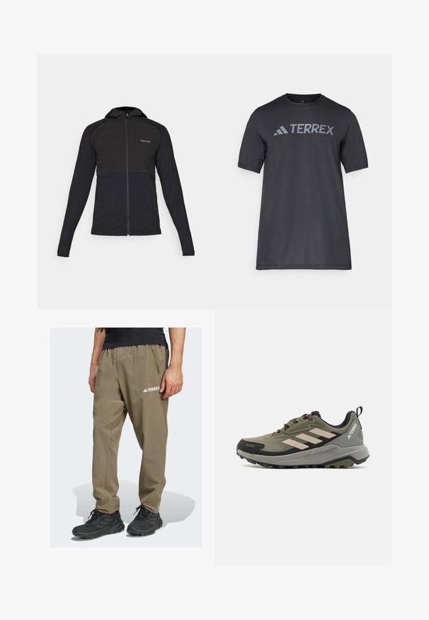 Crna jakna na zip s kapuljačom, s glatkom teksturom, kontrastnim gornjim dijelom i minimalnim logotipom u gornjem lijevom kutu.; Crna majica kratkih rukava od lagane tkanine, koja ima svijetlosivu oznaku "TERREX" preko prsa i okrugli izrez.; Terrex brend lagane, khaki planinarske hlače s elastičnom trakom u struku, bočnim džepom i detaljem s logotipom. Izrađene od izdržljivog, prozračnog materijala.; Planinarski tenisice u maslinasto zelenoj boji s crnim naglascima. Imaju tri bijele pruge, teksturiranu tkaninu i robusnu sol koja pruža prianjanje.