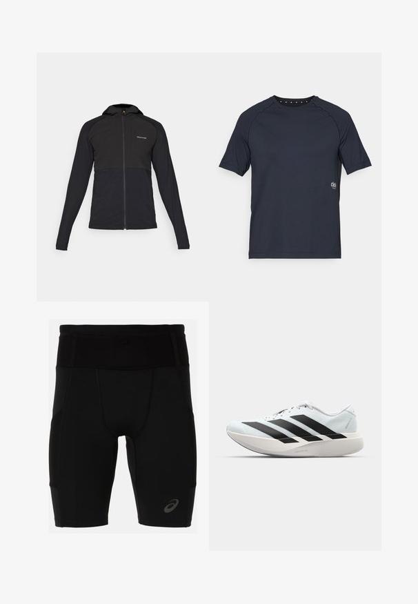 Crna jakna na zip s kapuljačom, s glatkom teksturom, kontrastnim gornjim dijelom i minimalnim logotipom u gornjem lijevom kutu.; Tamno mornarica kratki rukav majica napravljena od lagane tkanine, s okruglim izrezom i malim rupicama na leđima te logotipom sprijeda.; Crne atletske kratke hlače s uskim dizajnom, izrađene od glatkog materijala. Imaju visoki pojas i mali logo na donjem lijevom dijelu nogavice.; Lagane tenisice za trčanje u svijetloplavoj boji s crnim trakama. Imaju glatku gornju površinu, okrugli vrh i debeli bijeli srednji sloj označen "LIGHTSTRIKE PRO."