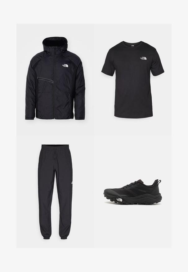 The North Face MOUNTAIN ATHLETICS HYBRID JACKET - Jakna za prosti čas - black; Črna kratko sleeved majica iz bombaža, s krožnim izrezom in majhnim belim logotipom na zgornjem levem delu prsnega koša.; Črne atletske hlače iz lahkega materiala, ki imajo elastični pas z vezalko, stranske žepe in zožene manšete na gležnjih.; Črne tekaške čevlje za trail s teksturirano zgornjega dela, gumijastim podplatom in ojačanim zaključkom prstov. Vključuje oblazinjen ovratnik in zanko za enostavno obuvanje.