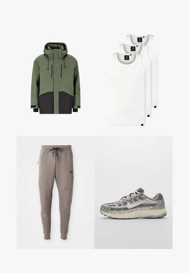 Herren isolierte Jacke in Olivgrün mit schwarzen Akzenten, mit hohem Kragen, verstellbare Kapuze und zwei senkrechten Brusttaschen mit Reißverschluss.; Drei weiße, gerippte Tanktops aus Baumwolle. Merkmale einen Rundhalsausschnitt und kleine schwarze Etiketten am Saum. In mehreren Größen erhältlich.; Graue Nike-Sweatpants mit einem Kordelzugbund, schmal zulaufenden Beinen, seitlichen Taschen und auffälliger Nahtgestaltung. Weicher, strukturiert Stoff.; Grauer Sportschuh mit einem Obermaterial aus Mesh und Wildleder, weißen Akzenten, einer gepolsterten Sohle und einem charakteristischen Design mit reflektierenden Elementen.