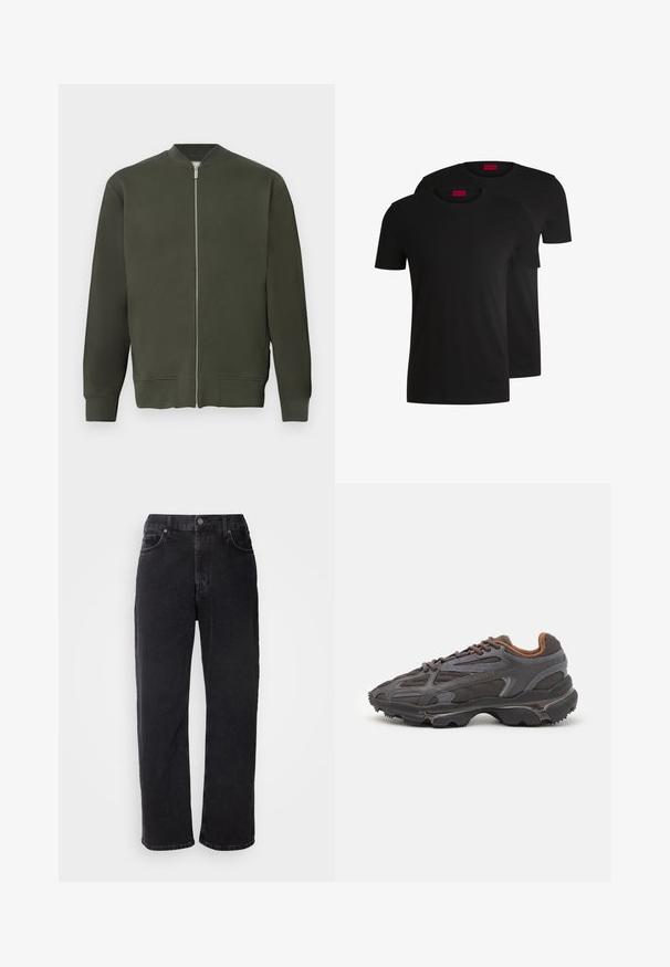 Grön bomberjacka med full dragkedja fram, ribbade ärmslut och nederkant. Har en slät yta och minimalistisk design.; Två svarta bomull t-shirts med korta ärmar och rund halsringning. Båda har en röd varumärkesetikett vid halsen. Enkelt, klassiskt design.; Svarta jeans i denim med rak passform, fem fickor och kontrasterande sömmar. Har knappstängning och bältesöglor vid midjan.; Lacoste-sneakers i mörkgrått med nät och syntetmaterial, med en strukturerad sula och bruna detaljer på kragen och varumärket.