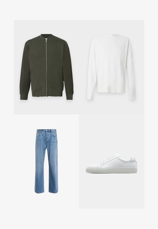 Grønn bomberjakke med full frontglidelås, ribbestrikkede mansjetter og hem. Har en jevn tekstur og minimalistisk design.; Langermet hvit bomullsskjorte med rund hals, sidespalter nederst og en jevn tekstur, vist fra baksiden.; Lys blå denimjeans med rett ben-design, fem lommer, knappeåpning, minimal falming og kontrasterende sømdetaljer.; Hvit sneakers med en glatt skinnoverdel og lav profil. Har en rund tå, seks snøring hull, og en teksturert gummisåle.