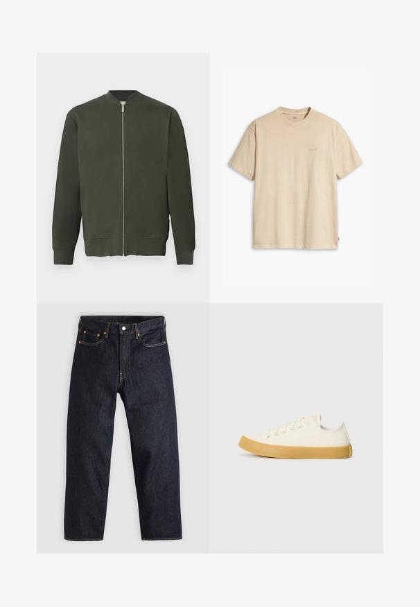 Giacca bomber verde con zip frontale completa, polsini e orlo a coste. Presenta una superficie liscia e un design minimalista.; T-shirt in cotone beige con collo rotondo e maniche corte. Presenta un sottile logo "Levi's" dello stesso colore sul petto. Tessuto morbido.; Jeans in denim blu scuro con taglio dritto, cinque tasche, cuciture arancioni a contrasto e chiusura con bottone. Nessun motivo o decorazione visibile.; Sneakers in tela di colore avorio con punta rotonda, dotati di suole in gomma beige e cinque occhielli per i lacci, finitura texturizzata sulla parte superiore.
