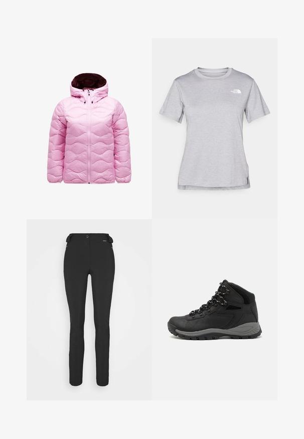 Rosa pufferjakke med hætte, bølgemønstret quilt, frontlynlås og sorte snore. Glat, skinnende materiale.; Grå kortærmet T-shirt lavet af blødt, fugttransporterende materiale. Har en rund hals og et lille hvidt logo øverst til venstre.; Sorte, tætsiddende bukser lavet af et fleksibelt materiale. Funktioner inkluderer en lynlåslomme i siden, artikulerede knæ og en glat tekstur.; Sort vandrestøvle med en mellem-højde design, der har en tekstureret overdel, grå detaljer og en holdbar gummisål med skridsikre klodser.