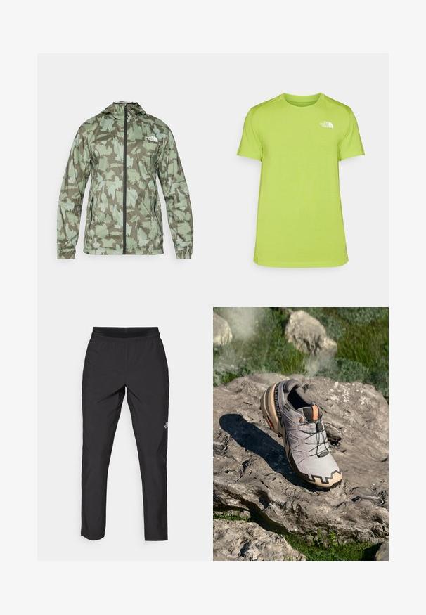 The North Face MOUNTAIN ATHLETICS - Vējjaka - new taupe/green; Lime zaļš īsām piedurknēm T-krekls, kas izgatavots no mitrumu noturoša auduma, ar mazu baltu logotipu kreisajā krūtī un apaļu kakla izgriezumu.; Melni sporta bikses ar elastīgu jostasvietu, izgatavotas no viegla materiāla, ar mazu logo uz apakšējās kājas un taisnu kāju dizainu.; Gaišs pelēks taku skriešanas apavs ar bēšiem akcentiem, teksturēta virsma, melnas mežģīnes un izteikta zole. Satur zīmola logo.