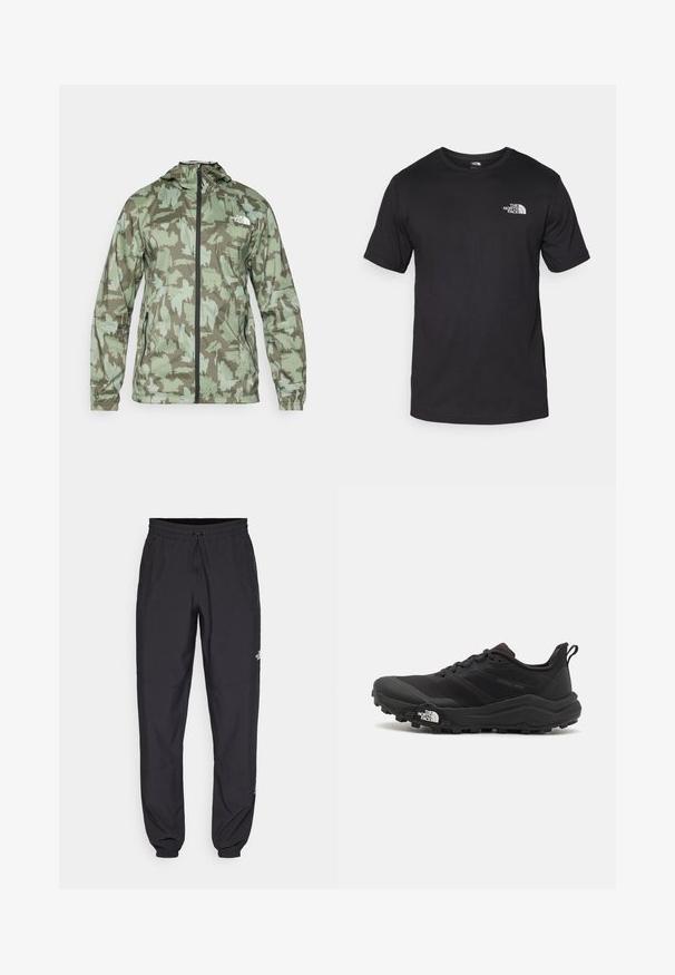 The North Face MOUNTAIN ATHLETICS - Vējjaka - new taupe/green; Melna īsām piedurknēm T-krekls, kas izgatavots no kokvilnas, ar apaļu dekoltē un nelielu baltu logotipu augšējā kreisajā krūtīs.; Melni sporta bikses, kas izgatavotas no viegla auduma, ar savelcamu jostu, sānu kabatām un sašaurinātiem apakšējiem galiem pie potītēm.; Melnas taku skriešanas kurpes ar teksturētu virsu, gumijas zoli un pastiprinātu pirkstu daļu. Aprīkotas ar mīkstu apkakli un vilkšanas cilpu, lai viegli uzvilktu.