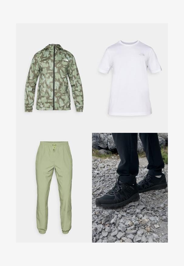 The North Face MOUNTAIN ATHLETICS - Vindjakke - new taupe/green; Hvit bomulls t-skjorte med korte ermer og rund hals. Har en liten grå logo på venstre bryst. Jevn tekstur, standard passform.; Lys grønne treningsbukser med elastisk midjebånd, snøring og anklestopper; har to sidelommer og en glatt tekstur.; Sorte utendørssko i svart med mesh og syntetisk materiale, med en teksturert overdel, sikret snøresystem og en robust såle, på steinete terreng.