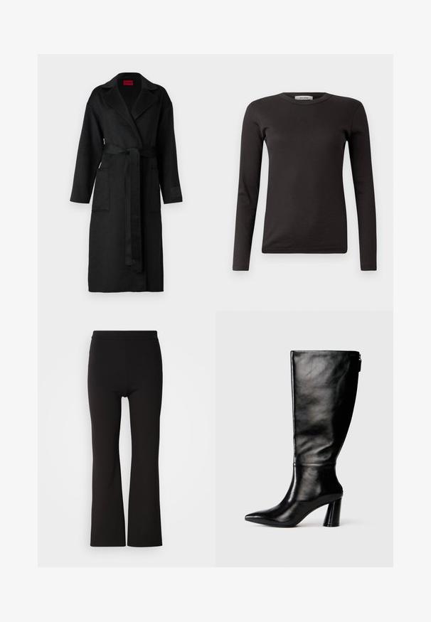 Manteau noir long avec une taille ceinturée, doté d'un col cranté, de deux poches avant et d'un tissu texturé. Sans motifs ni embellissements.; T-shirt noir à manches longues en rib, avec un col rond, fabriqué dans un tissu doux, présentant un design basique sans embellissements ni motifs.; Pantalons évasés noirs en tissu lisse et extensible. Taille haute, ajustés au niveau des hanches et amples à partir des genoux.; Botte en cuir noir à hauteur de genoux avec un bout pointu, une texture lisse et un talon épais. Elle présente un zip à l'arrière.