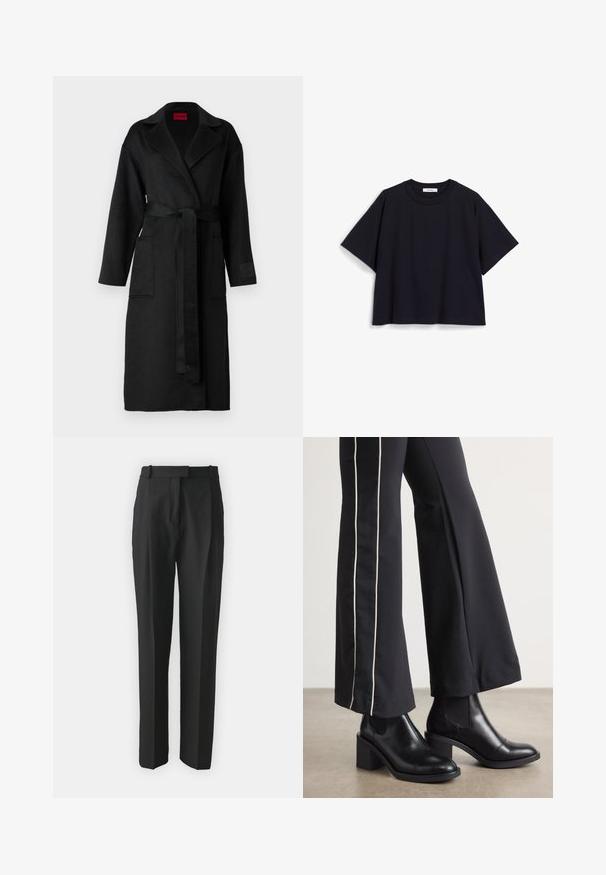 Černý dlouhý kabát s páskem v pase, s vystřiženým límcem, dvěma předními kapsami a texturovanou látkou. Bez vzorů nebo ozdob.; Námořnická modrá tričko s krátkým rukávem z měkké bavlny, s volným střihem, kulatým výstřihem a minimalistickým designem. Žádné viditelné vzory nebo akcenty.; Černé kalhoty na míru vyrobené z lehkého materiálu, s rovnými nohavicemi, plochým předním dílem a poutek na opasek. Hladký povrch bez viditelných vzorů.; Černé kožené kotníkové boty na blokovém podpatku, s elastickými bočními panely. V kombinaci s černými kalhotami, které mají bílý boční pruh.