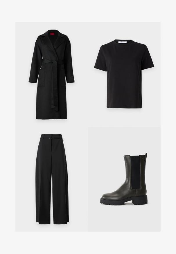 Sort lang frakk med beltestrop i taljen, med en klippet krave, to forlommer og et tekstureret stof. Ingen mønstre eller udsmykninger.; Sort t-shirt med korte ærmer fremstillet af blødt bomuld, med rund halsudskæring, afslappet pasform og en glat overflade. Ingen synlige mønstre eller grafik.; Sorte bredde ben bukser med høj talje og bælte. Har en glat tekstur og rene linjer, designet til en afslappet pasform.; Grøn læder ankelstøvle med elastiske sidepaneler, rund tå og gummisål. Har en struktureret overflade og en blokhæl.