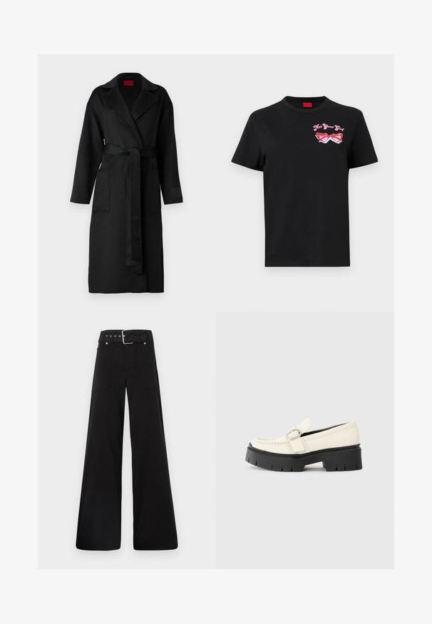 Fekete hosszú kabát övvel a deréknál, kivágott gallérral, két elülső zsebbel és textúrált anyaggal. Nincsenek minták vagy díszítések.; Fekete pamut póló rövid ujjal, amelyen a bal mellrészen egy rózsaszín napszemüveg grafika és a "Not Your Girl" felirat látható.; Fekete, bő szárú nadrág, pamutból készült, magas derékkal, nagy oldalsó zsebekkel és ezüst színű hardverelemekkel ellátott övvel.; Fehér bőr lófarok, vastag fekete platform talppal, téglalap alakú ezüst csattal és látható varrás részletekkel a felső részen.