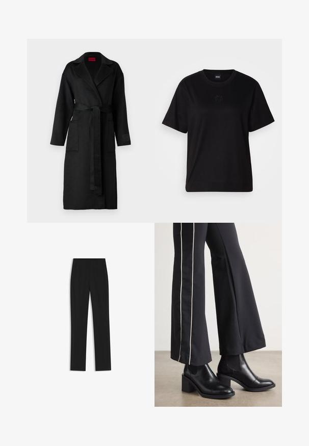 Black long coat with a belted waist, featuring a notched collar, two front pockets, and a textured fabric. No patterns or embellishments.; Black cotton t-shirt with a crew neckline, short sleeves, and an embroidered logo on the chest. Simple, relaxed fit with no patterns.; Black tailored trousers with a straight-leg design, featuring front pockets and a smooth, textured fabric. Neat, minimal detailing.; Black leather ankle boots with a block heel, featuring elastic side panels. Paired with black pants that have a white side stripe.