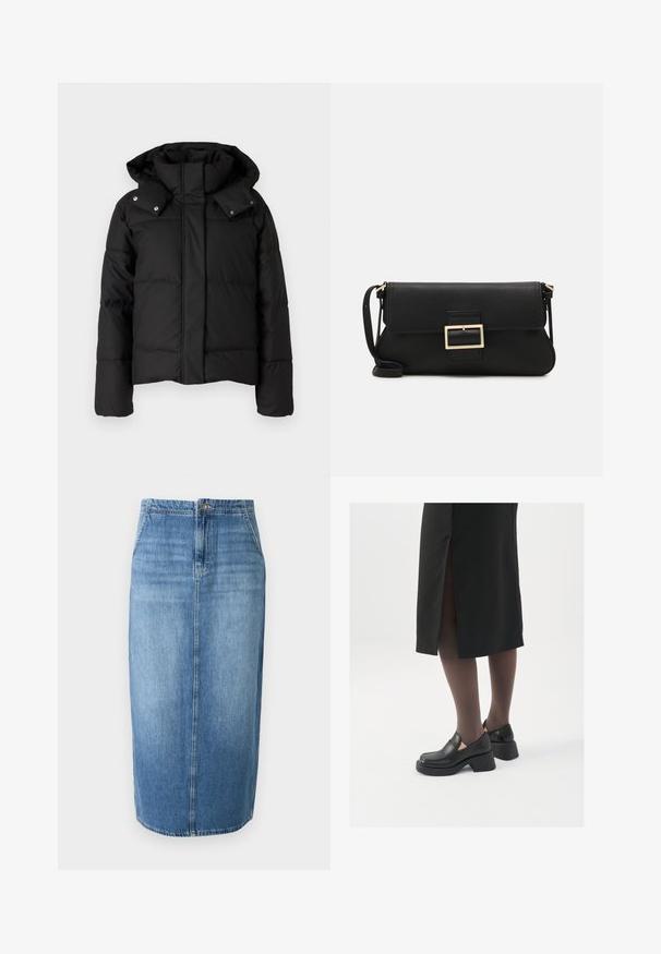 Μαύρο επενδυμένο μπουφάν με ψηλό γιακά και αποσπώμενη κουκούλα, που διαθέτει ασημένια κουμπιά σνάπ και πετσετέ υφή. Κοντή σχεδίαση με μακριά μανίκια.; JDY JDYDINEA REVERSIBLE - Πουλόβερ - fern; Τζιν μολυβιού φούστα σε ανοιχτό μπλε χρώμα με ίσια γραμμή, μπροστινό κλείσιμο με κουμπί και διακριτική εξασθένιση. Η γραμμή της φούστας είναι λίγο πάνω από το γόνατο.; Μαύρα δερμάτινα παπούτσια με στρογγυλή μύτη, χοντρό τετράγωνο τακούνι και ελαστικές πλάγιες λεπτομέρειες, συνδυασμένα με σκούρες καλσόν και μια μαύρη φούστα με σχίσιμο.; Μαύρη δερμάτινη τσάντα φάκελος με καπάκι και χρυσή μεταλλική λεπτομέρεια αγκράφας. Περιλαμβάνει μαύρη θήκη και κομψό, μινιμαλιστικό σχέδιο.