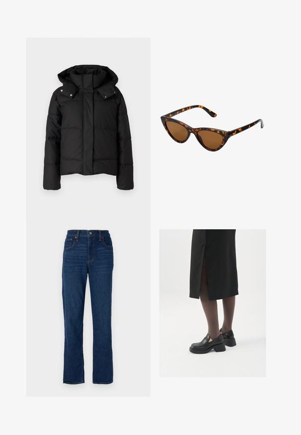 Black padded jacket with a high collar and detachable hood, featuring silver snap buttons and quilted texture. Cropped design with long sleeves.; White sleeveless tank top made of ribbed fabric, featuring a rounded neckline and a fitted silhouette, with minimal seams and no embellishments.; Dark blue denim straight-leg jeans with a five-pocket design, orange stitching, and a button closure at the waistband.; Black leather shoes with a rounded toe, thick block heel, and elastic side accents, paired with dark tights and a black skirt with a slit.; Cat-eye sunglasses with a black and orange tortoiseshell frame, brown lenses, and sleek, pointed tips. Features a minimal logo on the temple.; Silver hoop earrings with a twisted design, featuring a polished finish and post-back closure. Measure approximately 3 cm in diameter.