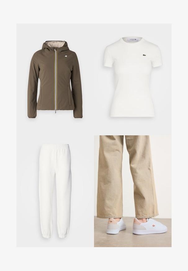 K-Way REVERSIBLE WARM DOUBLE - Lahka jakna - brown/pink; Bela kratka majica s kratkimi rokavi iz rebrastega materiala z okroglim izrezom in majhnim zelenim logotipom krokodila Lacoste na levem prsnem delu. Gladko bombažno blago.; Bele trenerke iz mehke pletene tkanine. Elastičen pas in manšete zagotavljajo sproščen fit. Minimalističen dizajn, brez vidnih vzorcev ali poudarkov.; Bele tenisice z gladko usnjeno površino, ki imajo bež usnjeno podrobnost na peti in subtilno blagovno znamko. Usklajene z svetlim bež hlačami.