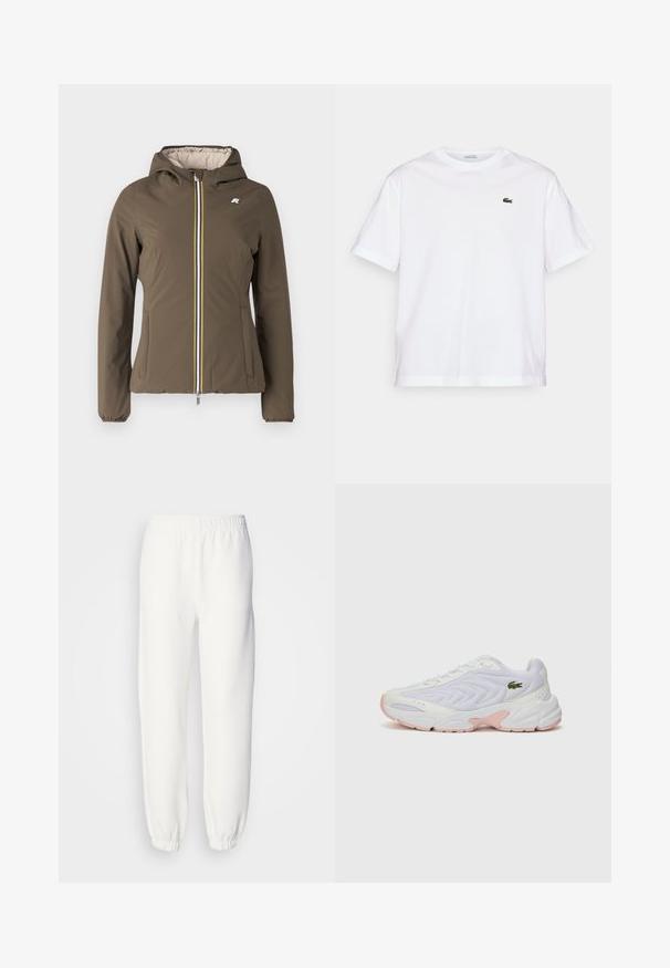 K-Way REVERSIBLE WARM DOUBLE - Välikausitakki - brown/pink; Valkoinen puuvillainen T-paita, jossa on pyöreä pääntie ja lyhyet hihat. Rintataskussa vihreä brodeerattu logo. Pehmeä rakenne, rento istuvuus.; Valkoiset collegehousut, jotka on valmistettu pehmeästä neulottusta kankaasta. Joustava vyötärö ja hihansuut tarjoavat rennon istuvuuden. Minimalistinen muotoilu, ei näkyviä kuvioita tai yksityiskohtia.; Valkoiset urheilusukkapohjat, joissa on teksturoitu verkkopinta, hillityt vaaleanpunaiset korostukset pohjassa ja vihreä krokotiililogo sivulla.