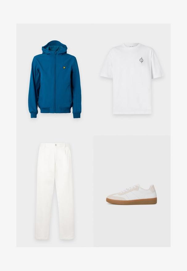 Sinine kapuutsiga dressipluus, millel on lukuga kinnine ja soonikkoes käised. Vasakul rindkerel on väike kollane logo ja see on sujuva tekstuuriga.; Valge puuvillane t-särk lõdva sobivusega, millel on vasakul rinnal väike must graafiline logo. Lühikesed varrukad, ümmargune kaelus.; Valged püksid, mis on valmistatud siledast kangast, sirge jala disainiga, ees olevate voldidega ja ühekordse nupuga vöökohtadel.; Valge ja beež sneaker, millel on napale ja nahast elemendid. Varustatud kummist tallaga, nööpidega sulgemisega ning minimalistlikke külgribadega.