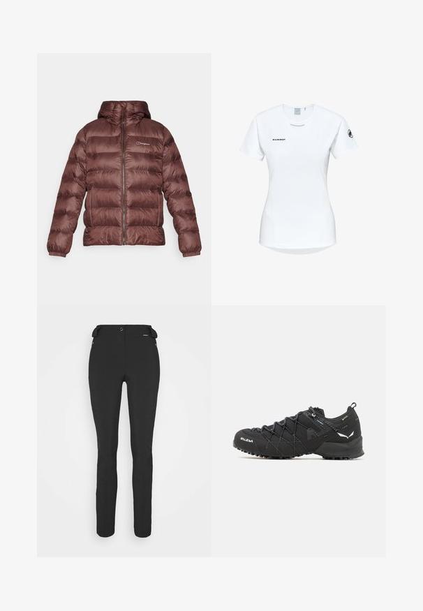 Berghaus EWDEN brązowy; Koszulka sportowa z krótkim rękawem w kolorze białym, z okrągłym dekoltem, z logo na piersi i gładką, lekką teksturą materiału.; Czarne, dopasowane spodnie wykonane z elastycznego materiału. Cechy to kieszeń boczna na zamek, strefowe kolana oraz gładka faktura.; Czarne buty trekkingowe z teksturowaną cholewką z tkaniny, systemem sznurowania i wytrzymałą gumową podeszwą. Udekorowane odblaskowymi detalami i logo.