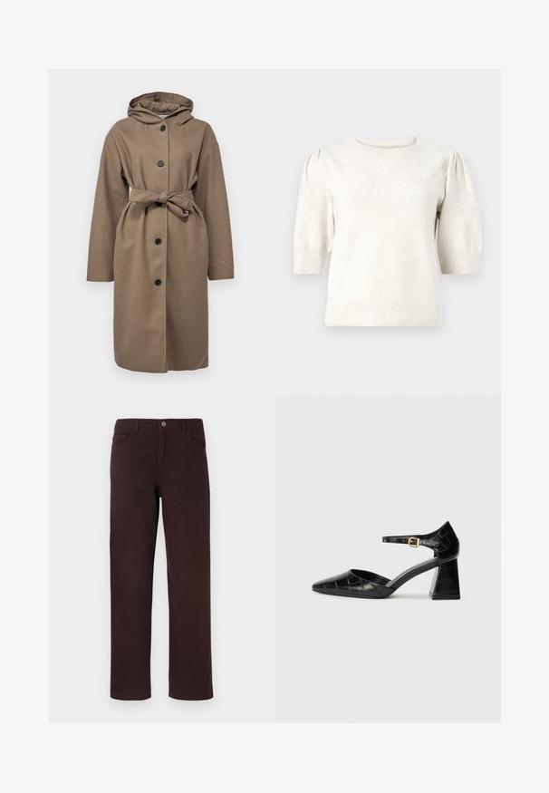 Pruun kapuutsiga mantel vöödiga, viie esiknupuga ja pikkade varrukatega. Valmistatud tekstureeritud kangast, millel on mugav lõige.; Kreem värvi lühikeste varrukatega sviiter, mis on valmistatud pehmest kudumist, sisaldab ümmargust kaelust, puffvarrukaid ning soonikserva ja varrukaotste ääri.; Pruuni puuvillased püksid sirge lõikega, kahe ees oleva taskuga ja nööbiga vöökoha kinnitusega. Ühtlane tekstuur ilma nähtavate mustriteta.; Must musta mustad kõrge kontsaga king, millel on terav nina, pahkluu rihm ja tekstureeritud krokodillimuster. Ruudukujuline ploki konts.