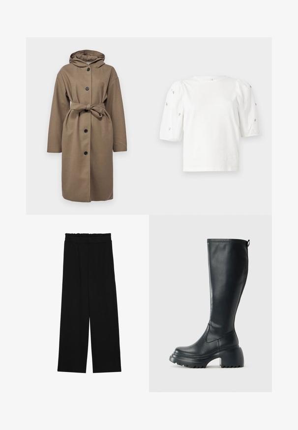 Cabană maro cu glugă, cu talie legată, cinci butoane frontale și mâneci lungi. Fabricată dintr-un material texturat cu o croială lejeră.; Tricou alb din bumbac cu mâneci scurte tip bufantă, având mici embellisheuri argintii pe mâneci. Decolteu clasic rotund, croială lejeră.; Pantaloni largi negri cu un tiv volant, cu două buzunare laterale și un material neted, ușor. Fără modele vizibile sau accesorii.; Cizme lungi din piele neagră cu talpă platformă masivă și tocul pătrat, având un tab de tragere și un model texturat pe talpa exterioară.