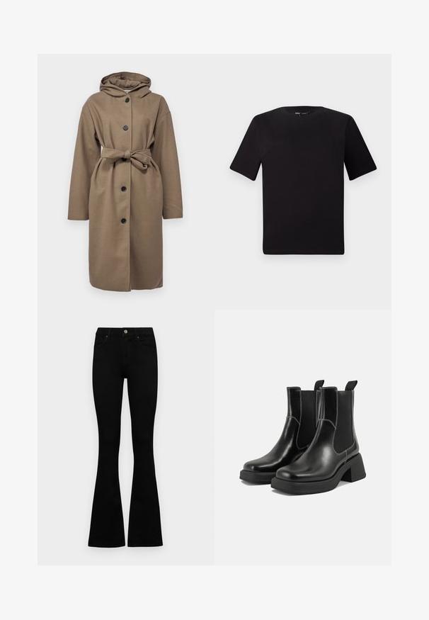 Hnedý plášť s kapucňou a opaskom na páse, s piatimi prednými gombíkmi a dlhými rukávmi. Vyrobený z textúrovanej látky s voľným strihom.; Čierne tričko s krátkym rukávom a okrúhlym výstrihom, vyrobené z mäkkej bavlny. Jednoduchý dizajn, bez viditeľných log alebo vzorov.; Čierne vysoké nohavice s gombíkom a zipsom, predné vrecká a rozšírené nohavice položené na bielom pozadí.; Čierne kožené Chelsea čižmy s robustným podpätkom, elastickými bočnými panelmi a kontrastným bielym prešívaním. Textúrovaný povrch.