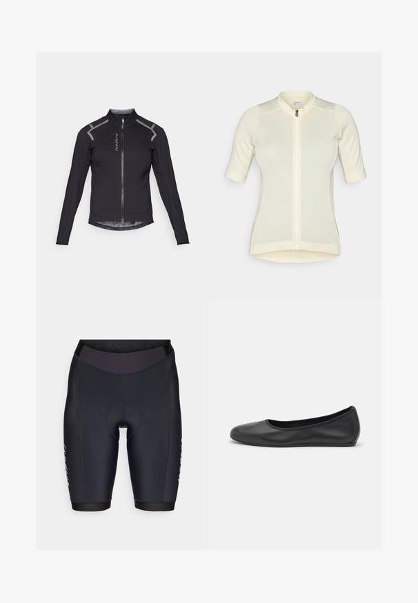 Pánská černá cyklistická bunda vyrobená z lehkého materiálu; má dlouhé rukávy, reflexní prvky na ramenech a plný přední zip.; Světlé žluté cyklistické dres s krátkým rukávem, úzký střih, plný zip, jemně texturovaná látka a kulatý límec. Název značky vpředu.; Černé cyklistické kraťasy s přiléhavým designem, vyrobené z hladkého elastického materiálu, s těsným pasem a vyztuženou sedací podložkou.; Černé kožené baletní byty s kulatou špičkou, hladkou texturou, minimálními švy a flexibilním designem podrážky.