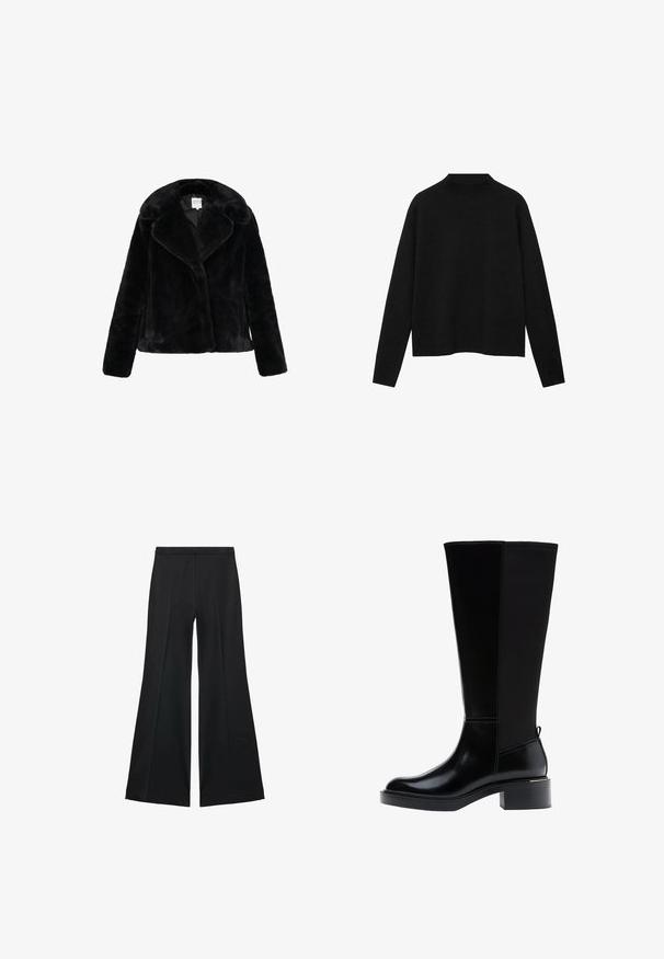 Črna umetna krznena jakna z širokim ovratnikom, dolgimi rokavi in mehko teksturo. Brez vidnih zapiranj; eleganten in moderen dizajn.; Črn pulover z visokim ovratnikom, izdelan iz mehke tkanine, z dolgimi rokavi in sproščenim krojem, z čistim, minimalističnim dizajnom.; Črne široke hlače z gladko teksturo, ki imajo sprednje nabore in kroj po meri. Tkanina je lahka in zračna.; Črni škornji do kolen z gladkim usnjenim zaključkom, izrazitim šivanjem, robustnim petnim delom in teksturirano zadnjo ploščo za dodatno zanimivost.