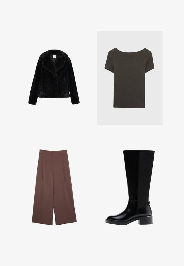 Črna umetna krznena jakna z širokim ovratnikom, dolgimi rokavi in mehko teksturo. Brez vidnih zapiranj; eleganten in moderen dizajn.; Temno siva kratka majica s čolnasto izrezom. Narejena iz rebraste tkanine, ki ima sproščen kroj in čist rob. Preprost dizajn, brez vzorcev.; Rjave široke hlače z gladko teksturo, ki imajo visok pas in sprednje naborke. Tkanina je lahka in prosto pada.; Črni škornji do kolen z gladkim usnjenim zaključkom, izrazitim šivanjem, robustnim petnim delom in teksturirano zadnjo ploščo za dodatno zanimivost.